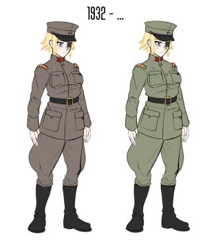 1girl alternate_costume belt black_belt black_boots blonde_hair blue_eyes boots breast_pocket breasts brown_jacket brown_pants buckle buttons collar collar_tabs color_variation comparison cross dated epaulettes eyepatch facial_scar fluffkaiser full_body gold_buckle green_jacket green_pants hat high_collar highres jacket knee_boots long_sleeves looking_at_viewer medal medium_breasts military military_dress_uniform military_fatigues military_hat military_uniform original pants peaked_cap pocket red_collar_tabs red_epaulettes russia russian_empire scar scar_on_cheek scar_on_face scar_on_nose short_hair sidelocks standing star_(symbol)