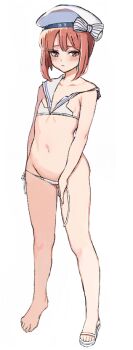 1girl bikini brown_eyes brown_hair flat_chest full_body hat kantai_collection looking_at_viewer lowleg lowleg_bikini neju open_clothes sailor_bikini sailor_collar sailor_hat short_hair side-tie_bikini_bottom simple_background solo swimsuit torn_clothes untied_bikini white_background white_bikini white_hat white_sailor_collar z3_max_schultz_(kancolle) z3_max_schultz_(swimsuit)_(kancolle)