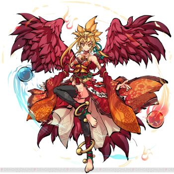 1girl anklet bare_shoulders barefoot black_thighhighs blonde_hair breasts cleavage collarbone detached_sleeves feathered_wings full_body hair_between_eyes himegami_kagura japanese_clothes jewelry kagutsuchi_(himegami_kagura) kimono long_sidelocks medium_breasts motion_lines ms06s obi official_art open_hands outstretched_arms red_kimono sash second-party_source sidelocks simple_background smile solo spiked_hair standing standing_on_one_leg strapless_kimono tachi-e thighhighs thighs watermark white_background wide_sleeves wings yellow_eyes