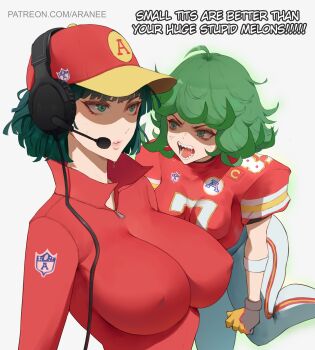 2girls absurdres american_football_uniform andy_reid anger_vein angry araneesama breast_envy breasts cable clenched_hand commentary covered_erect_nipples english_commentary english_text female_focus fubuki_(one-punch_man) gloves green_eyes green_hair headset height_difference highres kansas_city_chiefs large_breasts matching_hair/eyes mature_female medium_breasts meme multiple_girls national_football_league one-punch_man open_mouth parody patreon_username saliva saliva_trail sharp_teeth short_hair shoulder_pads siblings sisters skin_tight sportswear sweat sweatdrop tatsumaki teeth travis_kelce white_background zipper_pull_tab