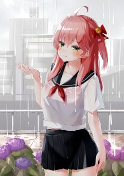 1girl absurdres ahoge alternate_costume bell black_skirt blush bow bra bra_visible_through_clothes breasts building closed_mouth commentary cowboy_shot female_focus flower green_eyes haiku hair_bell hair_bow hair_ornament highres hololive hydrangea long_hair looking_at_viewer medium_breasts midriff_peek miniskirt nyan_(reinyan_007) outdoors pink_bra pink_hair pleated_skirt poem rain sakura_miko school_uniform see-through_clothes serafuku shirt short_sleeves skirt solo thighs underwear virtual_youtuber wet wet_clothes wet_shirt white_shirt x_hair_ornament