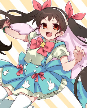Rule 34 | 1girl, :d, absurdres, animal print, backpack, bag, black hair, blue skirt, blush, bow, bowtie, bracelet, breasts, brooch, brown eyes, buttons, commentary, curled fingers, double-breasted, fang, floating hair, frilled skirt, frills, hachikuji mayoi, hair ribbon, hairband, henshin, highres, jewelry, jumping, long hair, looking at viewer, magical girl, mahou shoujo madoka magica, mahou shoujo madoka magica magia exedra, monogatari (series), open mouth, outline, outstretched arms, pink bag, pink bow, pink bowtie, pleated skirt, puffy short sleeves, puffy sleeves, rabbit print, red ribbon, ribbon, shirt, shoes, short sleeves, single strap, skin fang, skirt, skirt bow, small breasts, smile, solo, star (symbol), striped background, suspender skirt, suspenders, thighhighs, tsugumi (tgm 615486), twintails, untranslatable commentary, very long hair, white hairband, white outline, white shirt, white shoes, white thighhighs