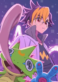 Rule 34 | 1boy, black shirt, blonde hair, blue hair, brown eyes, digimon, digimon beatbreak, gecko, gekkomon, grey eyes, highres, jacket, male focus, round eyewear, sawai shun, shirt, simple background, tenma tomoro, tongue, tongue out, upper body, white jacket