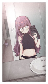 1girl absurdres bathroom black_gloves black_panties black_shirt bow bow_panties brown_hair cat cellphone fallenshadow glasses gloves highres indie_virtual_youtuber loli long_hair mirror navel no_pants panties pettan_(zeez4743) phone pink_eyes reflection selfie shirt sink sleeveless sleeveless_shirt smartphone smile taking_picture underwear virtual_youtuber