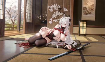 Rule 34 | 1girl, absurdres, ahoge, andon, architecture, azur lane, bare shoulders, barefoot, black bow, black leotard, black thighhighs, bow, breasts, brown eyes, center opening, cleavage, cleavage cutout, clothing cutout, east asian architecture, hair bow, hair intakes, hakuhou (azur lane), hakuhou (floral ninja roleplay) (azur lane), hand on own thigh, highres, huge breasts, indoors, lantern, leotard, long hair, looking at viewer, lying, non-web source, official alternate costume, official art, on side, open mouth, paper lantern, shibari, shibari over clothes, solo, thighhighs, thighs, torn clothes, torn thighhighs, white hair, yunsang