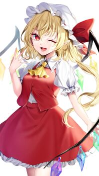 1girl ;d ascot blonde_hair bow collared_shirt commentary_request cowboy_shot crystal fangs flandre_scarlet frilled_shirt_collar frilled_skirt frills hair_between_eyes hat hat_bow hat_ribbon highres kaede_(mmkeyy) long_hair looking_at_viewer mob_cap one_eye_closed open_mouth pointy_ears puffy_short_sleeves puffy_sleeves red_bow red_eyes red_ribbon red_skirt red_vest ribbon shirt short_sleeves simple_background skirt slit_pupils smile solo touhou vest white_background white_hair wings yellow_ascot