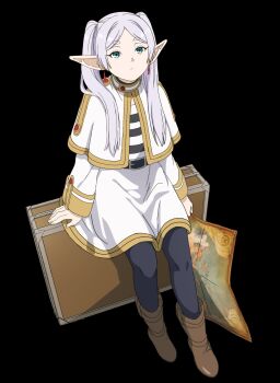 1girl absurdres belt black_background black_belt black_pantyhose boots briefcase brown_boots capelet closed_mouth dress elf female_focus flat_chest frieren full_body green_eyes grey_hair highres holding holding_map loli long_hair long_sleeves looking_up map miniskirt official_art pantyhose pointy_ears red_earrings simple_background sitting skirt solo solo_focus sousou_no_frieren striped_clothes textless_version twintails white_capelet white_dress white_skirt