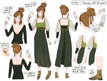 1girl alt_text ankle_boots back_cutout body_freckles boots breasts brown_hair chest_freckles clothing_cutout commentary dress english_commentary english_text freckles from_behind full_body green_dress green_eyes hair_bun hair_ribbon hand_up head_tilt highres leather leather_boots long_dress long_sleeves medium_hair multiple_views nightgown original ottilie_(spindle_(aidenr0)) plunging_neckline puffy_sleeves reference_sheet ribbon sidelocks simple_background single_hair_bun sleeves_rolled_up small_breasts spindle_(aidenr0) standing string string_around_wrist waitress white_background white_ribbon