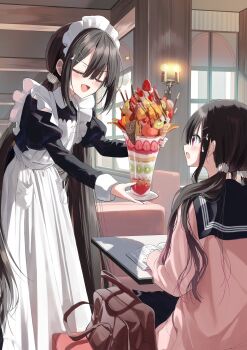 2girls apron bag black_dress black_hair black_sailor_collar black_skirt blush bow cafe cardigan closed_eyes commentary_request dress food fruit futaba_akane_(pentagon) futaba_kohane_(pentagon) green_bow hair_between_eyes hair_ornament hairclip highres holding holding_tray indoors long_hair long_sleeves low_twintails maid maid_apron maid_cafe maid_headdress multiple_girls notebook open_mouth original parfait parted_lips pentagon_(railgun_ky1206) pink_cardigan pleated_skirt purple_eyes sailor_collar school_bag school_uniform serafuku shirt shoulder_bag siblings sisters sitting skirt sweat table tray twintails very_long_hair