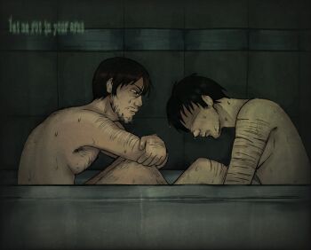 2boys afraid_of_monsters arm_hair black_hair censored censored_identity chinokizu creator_connection cry_of_fear crying crying_with_eyes_open david_leatherhoff elbows_on_knees english_text from_side highres in_bathtub knees_up leaning_forward male_focus multiple_boys nude same-sex_bathing scar scar_on_arm scar_on_leg self-harm_scar shared_bathing short_hair tears