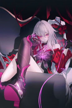 1girl black_choker black_gloves black_pantyhose boots bright_pupils choker couch crossed_legs dark_background flower gloves hair_ornament hand_on_own_face highres holding holding_string honkai_(series) honkai_impact_3rd jacket long_hair long_sleeves looking_down mannequin neon_(pixiv_31150749) on_couch pantyhose purple_eyes purple_ribbon red_flower red_jacket red_ribbon red_rose ribbon rose single_bare_leg single_bare_shoulder single_boot single_leg_pantyhose sitting smile string thelema_nutriscu thelema_nutriscu_(mad_pleasure:_shadowbringer) very_long_hair white_hair white_pupils