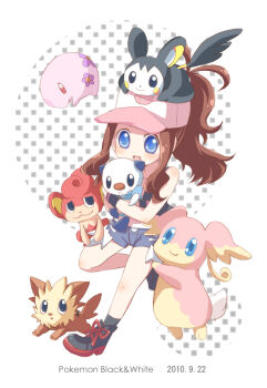 Rule 34 | 1girl, audino, black eyes, blue eyes, blush, brown hair, chiika (cure cherish), commentary request, dated, emolga, gen 5 pokemon, happy, hat, hilda (pokemon), holding, holding pokemon, jacket, lillipup, munna, nintendo, open mouth, oshawott, pansear, pokemon, pokemon (creature), pokemon bw, red eyes, shirt, shorts, sidelocks, sleeveless, smile, white background, white shirt