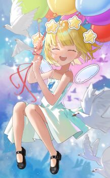 1girl absurdres aichry balloon bird blonde_hair bow dress full_body highres holding holding_balloon looking_at_viewer open_mouth original short_hair sky sleeveless sleeveless_dress smile solo spaghetti_strap