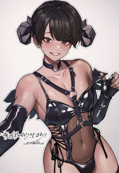 1boy bare_shoulders black_choker black_gloves black_hair brown_eyes bulge choker collarbone commentary_request demon_boy elbow_gloves fingerless_gloves gloves grey_background harness horns looking_at_viewer male_focus navel o-ring o-ring_choker o-ring_harness original outline parted_lips rokuzukeita signature simple_background smile solo strap_slip translation_request trap white_outline wings