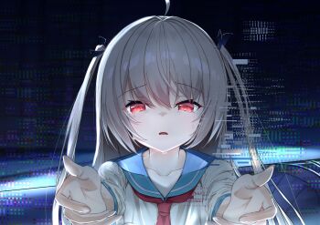 Rule 34 | 1girl, absurdres, ahoge, ascot, atri, atri-my dear moments-, blue sailor collar, blurry, blush, brown hair, commentary, crying, crying with eyes open, depth of field, digital dissolve, dress, hair between eyes, hair intakes, highres, long hair, long sleeves, looking at viewer, miraikanai, open mouth, outstretched arms, reaching, reaching towards viewer, red ascot, red eyes, sad, sailor collar, sailor dress, simple background, solo, straight-on, straight hair, streaming tears, tears, two side up, upper body, very long hair, water drop, white dress