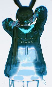 1girl absurdres amiya_(arknights) animal_ears arknights arms_up artist_name black_hair black_jacket chinese_commentary chromatic_aberration commentary_request cowboy_shot facing_away from_behind grey_background highres jacket jewelry long_hair long_sleeves multiple_rings ponytail ring sakiyo simple_background solo standing tying_hair