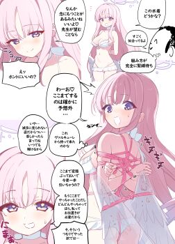 1boy 1girl absurdres arms_behind_back bdsm bikini blue_archive bondage bound bound_arms doodle_sensei_(blue_archive) feathered_wings halo highres kinbakuman long_hair low_wings mika_(blue_archive) mika_(swimsuit)_(blue_archive) pink_hair purple_eyes rope sensei_(blue_archive) shibari speech_bubble sweatdrop swimsuit translation_request very_long_hair white_bikini wings