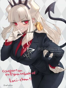 1girl black_tail blush breasts demon_girl demon_horns demon_tail gloves hairband helltaker highres holding horns large_breasts long_hair looking_at_viewer lucifer_(helltaker) mole mole_under_eye necktie noah_(tettsui-sole) red_eyes red_shirt shirt smile solo spiked_hairband spikes tail white_hair white_horns