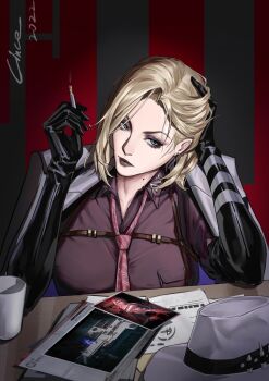 1girl 2022 absurdres adjusting_hair black_gloves black_lips blonde_hair bobby_pin breast_pocket brown_shirt bullet chest_harness chief_(path_to_nowhere) chinese_commentary cigarette coat coat_on_shoulders collared_shirt commentary cup earrings elbow_gloves eyeshadow facial_tattoo file floating_earrings folder forehead game_screenshot_inset gloves green_eyes grey_coat harness hat hecate_(path_to_nowhere) highres holding holding_cigarette horizontal-striped_necktie jewelry langley_(path_to_nowhere) leaning_on_table linceyang looking_at_viewer makeup medium_hair mole mole_on_neck necktie ninety-nine_(path_to_nowhere) official_art_inset paper parted_bangs path_to_nowhere pink_necktie pocket purple_eyeshadow shirt sideways_glance signature smoke smoke_trail solo spider_tattoo spotlight striped_necktie tattoo trilby unworn_hat unworn_headwear upper_body wendy_(path_to_nowhere) white_hat zoya_(path_to_nowhere)