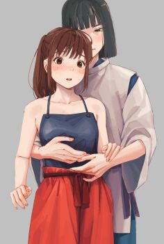 1boy 1girl bare_shoulders black_hair black_tank_top blue_pants blunt_bangs blunt_ends blush bob_cut breasts brown_eyes brown_hair chinese_clothes clothing_cutout collarbone colored_eyelashes commentary_request couple dudou green_eyes grey_background hakama haku_(sen_to_chihiro_no_kamikakushi) hand_on_another&#039;s_chest hand_on_another&#039;s_waist hareko_sun head_tilt hetero high-waist_pants highres japanese_clothes kariginu looking_ahead looking_at_another ogino_chihiro open_mouth pants parted_lips red_pants sen_to_chihiro_no_kamikakushi shirt short_hair shoulder_cutout sidelocks small_breasts spaghetti_strap straight_hair studio_ghibli tank_top three-quarter_sleeves white_shirt wide_sleeves