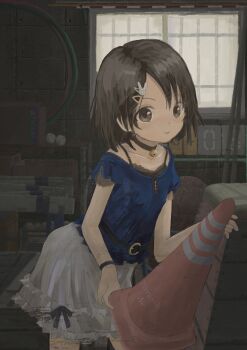 1girl absurdres ball baseball_(object) bell black_choker black_hair blue_shirt bracelet choker closed_mouth collarbone commentary hair_ornament hairclip highres holding hoop hula_hoop idolmaster idolmaster_cinderella_girls indoors jewelry layered_skirt leaning_to_the_side mani_tamlyn neck_bell rabbit_hair_ornament sasaki_chie shirt skirt smile solo spaghetti_strap symbol-only_commentary traffic_cone vaulting_horse volleyball_(object) white_skirt window