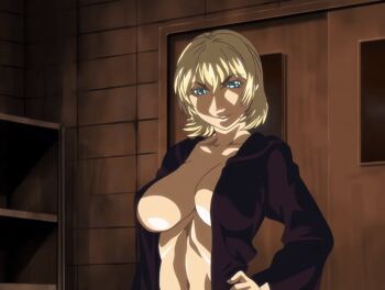 00s 1girl 2007 american animated animated_gif anime_screenshot attack back bible_black bible_black_new_testament blonde_hair blue_eyes bouncing_breasts breasts cloak collarbone crazy_smile energy_beam glowing jody_crowley large_breasts lips robe shin_bible_black shiny_skin short_hair smile solo tagme unworn_clothes witch