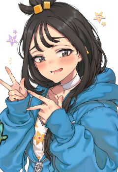 1girl black_hair blue_hoodie blush choker collarbone cube_hair_ornament double_w earclip gen_1_pokemon grey_eyes hair_ornament highres hood hood_down hoodie kayanogura lida_(pokemon) long_hair long_sleeves looking_at_viewer nintendo open_mouth pokemon pokemon_legends:_z-a shirt smile staryu teeth topknot upper_body w white_choker white_shirt wispy_bangs