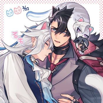 Rule 34 | 2boys, animal ears, animalization, artist name, ascot, bandaged neck, bandages, black coat, black gloves, black hair, black shirt, blue eyes, blue hair, blue vest, blush, border, cat, cat boy, cat day, cat ears, cat tail, closed eyes, closed mouth, coat, coat on shoulders, collared shirt, commentary request, dated, facial scar, fang, fingerless gloves, fur-trimmed coat, fur trim, genshin impact, gloves, grey hair, grey vest, hair between eyes, lapels, long hair, long sleeves, male focus, multicolored hair, multiple boys, necktie, neuvillette (genshin impact), open mouth, parted bangs, pointy ears, polka dot, polka dot border, red necktie, scar, scar on cheek, scar on face, scar on neck, shirt, short hair, simple background, streaked hair, sweatdrop, tail, twitter username, two-sided coat, two-sided fabric, udon (uudonoic), upper body, vest, white ascot, white background, white hair, white shirt, wriothesley (genshin impact), yaoi