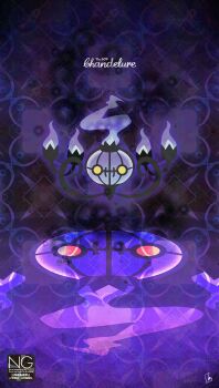 blue_fire chandelier chandelure fire full_body gen_5_pokemon highres looking_at_viewer meme_(sleepsheep) nintendo no_humans pokemon pokemon_(creature) pokemon_focus purple_fire reflection yellow_eyes