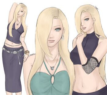 1girl arm_behind_head bleeehrghw blonde_hair bracelet breasts cleavage commentary crop_top earrings english_commentary green_eyes hair_over_one_eye halterneck highres jewelry long_hair long_skirt medium_breasts naruto:_the_last naruto_(series) necklace parted_lips purple_skirt signature skirt sleeveless sleeveless_turtleneck smile turtleneck yamanaka_ino