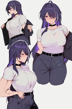 1girl absurdres acheron_(honkai:_star_rail) ahoge alternate_costume arnkun belt black_belt black_choker black_jacket breasts choker closed_mouth collarbone colored_inner_hair commentary cowboy_shot earrings english_commentary from_side gem hair_over_one_eye half-closed_eye hand_on_own_hip highres honkai:_star_rail honkai_(series) jacket jewelry large_breasts long_hair looking_at_viewer looking_to_the_side multicolored_hair multiple_views muscular muscular_female open_clothes open_jacket purple_eyes purple_gem purple_hair shirt short_sleeves simple_background single_earring standing streaked_hair t-shirt thick_thighs thighs undressing white_background white_hair white_shirt