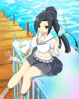 1girl 1other bird black_hair black_neckerchief black_skirt blue_eyes boots border breasts cage candy chihaya_(senran_kagura) cleavage crop_top day food frilled_skirt frills game_cg holding holding_candy holding_food holding_stick key large_breasts long_hair looking_at_viewer midriff navel neckerchief ocean official_alternate_costume official_art open_mouth pier pleated_skirt ponytail sailor_collar seagull senran_kagura senran_kagura_new_wave sitting sitting_on_cage skirt smile solo sparkle stick swept_bangs syrup water white_sailor_collar white_wrist_cuffs wrist_cuffs