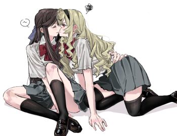 2girls 9urodine all_fours annoyed black_hairband black_shoes black_socks black_thighhighs blonde_hair blue_bow blush bow bowtie brown_hair closed_eyes closed_mouth collared_shirt convenient_arm convenient_leg face-to-face facing_another foot_out_of_frame grey_skirt hair_bow hairband half_updo hand_on_another's_back highres imminent_kiss knee_up kneehighs leaning_forward loafers long_hair looking_at_another miniskirt multiple_girls pleated_skirt red_bow red_bowtie red_eyes saijou_claudine school_uniform seishou_music_academy_uniform shadow shirt shoes short_sleeves shoujo_kageki_revue_starlight sidelocks simple_background sitting skirt smile socks speech_bubble squiggle tendou_maya thighhighs v-shaped_eyebrows wavy_hair white_background white_shirt yuri zettai_ryouiki