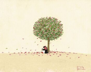 artist_name bird bouquet commentary_request falling_petals flower highres holding holding_bouquet no_humans original outdoors penguin petals red_flower sunamerius tree