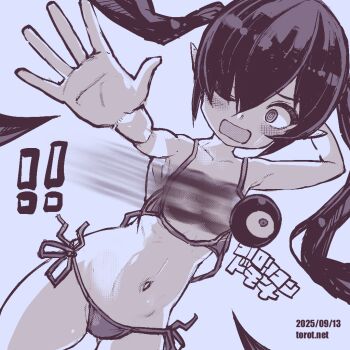1girl afterimage arm_behind_head armpit_crease backbeako_(torotei) backbeard bikini blue_background blue_theme blush breasts commentary_request convenient_censoring cowboy_shot d; dated dated_commentary dutch_angle gegege_no_kitarou hair_over_one_eye kono_lolicon_domome loli long_hair looking_at_viewer micro_bikini monochrome navel one_eye_closed open_mouth original outstretched_arm paid_reward_available pointy_ears ribs ringed_eyes side-tie_bikini_bottom simple_background small_breasts solo surprised sweatdrop swimsuit torotei translated twintails variant_set very_long_hair wardrobe_malfunction watermark web_address wide-eyed