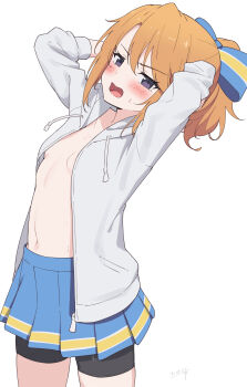 1girl absurdres arms_behind_head arms_up bike_shorts bike_shorts_under_skirt black_shorts blue_skirt blush breasts commentary cowboy_shot highres idolmaster idolmaster_cinderella_girls jacket loli long_sleeves looking_at_viewer miniskirt miso_(misomiso_154) navel open_clothes open_jacket open_mouth orange_hair pleated_skirt ponytail purple_eyes short_hair short_shorts shorts simple_background skirt small_breasts solo white_background white_jacket yuuki_haru