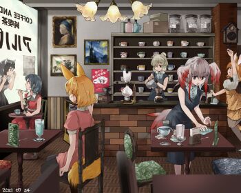 6+girls adapted_costume alpaca_ears alpaca_girl alpaca_suri_(kemono_friends) alternate_costume animal_ears bird_girl bird_tail bird_wings black_dress black_hair black_legwear black_neckwear blonde_hair bow bowtie brown_footwear cafe cat_ears cat_girl cat_tail center_frills cleaning clock coffee_beans coffee_maker coffee_mill coffee_mug coffee_pot collared_shirt commentary_request common_raccoon_(kemono_friends) cup dress eating extra_ears fennec_(kemono_friends) food fox_ears fox_girl fox_tail frilled_skirt frills grey_hair hair_bun hair_over_one_eye hair_tubes head_wings high_heels highres ice_cream japanese_crested_ibis_(kemono_friends) kaban_(kemono_friends) kemono_friends matching_outfits menu_board mug multicolored_hair multiple_girls nanana_(nanana_iz) painting_(object) pantyhose pencil_dress pink_dress polka_dot polka_dot_skirt pouring puffy_short_sleeves puffy_sleeves raccoon_ears raccoon_girl red_dress red_hair serval_(kemono_friends) shirt short_hair short_sleeves sidelocks single_hair_bun skirt sundae sweater sweater_dress tail translation_request two-tone_hair uniform white_hair white_shirt wings yellow_dress