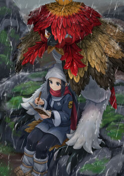 Rule 34 | 1girl, absurdres, akari (pokemon), aq gohan, black hair, black pantyhose, black shirt, book, commentary request, grey jacket, grey skirt, headscarf, highres, hisuian decidueye, holding, holding book, jacket, logo, long hair, nintendo, outdoors, pantyhose, pokemon, pokemon (creature), pokemon legends: arceus, rain, shirt, shoes, sidelocks, sitting, skirt, socks, white headscarf, writing