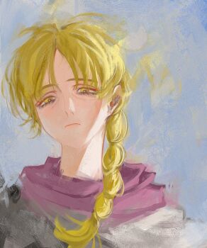 Rule 34 | 1girl, absurdres, blonde hair, braid, braided ponytail, chi.: chikyuu no undou ni tsuite, closed mouth, commentary, highres, jolenta, long hair, looking at viewer, single braid, solo, syzuwu, yellow eyes