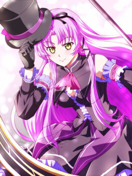 1girl artist_name bare_shoulders black_gloves bow breasts cleavage cleavage_cutout closed_mouth clothing_cutout detached_sleeves dress eiyuu_densetsu floating_hair gloves hair_bow hair_ribbon hat hat_bow holding holding_scythe holding_weapon huge_weapon kuro_no_kiseki_(series) large_breasts long_hair looking_at_viewer neckerchief parted_bangs purple_hair purple_neckerchief renne_(eiyuu_densetsu) ribbon scythe simple_background smile solo top_hat two_side_up upper_body weapon xiacheng_tatsuya yellow_eyes