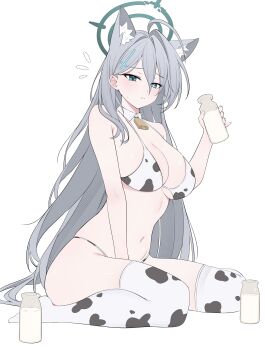 1girl absurdres ahoge animal_ears animal_print bare_arms bare_shoulders bell between_legs bikini blue_archive blue_eyes bottle breasts cleavage closed_mouth commentary cow_print cow_print_bikini cow_print_thighhighs cowbell detached_collar extra_ears grey_hair halo hand_between_legs highres large_breasts long_hair looking_at_viewer milk_bottle mismatched_pupils navel no_shoes pout print_bikini print_thighhighs rable shiroko_terror_(blue_archive) simple_background sitting solo stomach string_bikini sweatdrop swimsuit thighhighs very_long_hair wariza white_background white_bikini white_thighhighs wolf_ears