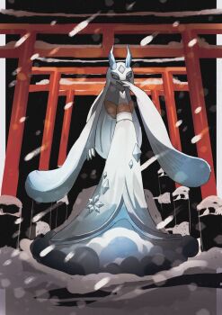 1other froslass full_body gen_4_pokemon highres horns ice looking_at_viewer mega_froslass mega_pokemon nintendo no_humans outdoors pokemon pokemon_(creature) pokemon_focus reo_(mmocc123) snow snowing solo standing