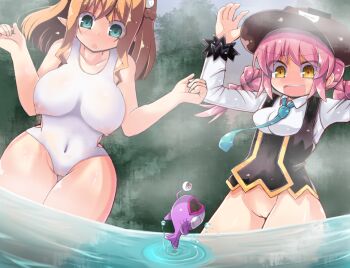 2girls :o aqua_necktie arms_up blush bottomless braid breasts brown_hair brown_hat choice_(xtmm5285) clenched_hands collarbone collared_shirt covered_navel cowboy_shot crossed_bangs elf embarrassed fish forest game_cg green_eyes hair_between_eyes hair_ornament half_up_braid hat henao_(lattice_sos!) large_breasts lattice_(lattice_sos!) lattice_sos!_~happening&amp;panic~ long_hair long_sleeves looking_down medium_breasts medium_hair multiple_girls nature necktie nipples non-web_source one-piece_swimsuit open_mouth partially_submerged pink_hair pointy_ears pussy scrunchie see-through_clothes see-through_one-piece_swimsuit shirt sidelocks standing surprised swimsuit teeth underbust upper_teeth_only variant_set w_arms water white_one-piece_swimsuit white_shirt wince wrist_scrunchie yellow_eyes