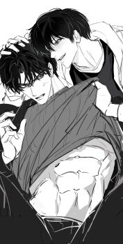 2boys abs absurdres angry auauko123 black_coat clenched_teeth coat greyscale grin hand_on_another&#039;s_head highres hood hoodie kim_dokja knees_up looking_at_another male_focus monochrome multiple_boys muscular muscular_male narrowed_eyes omniscient_reader&#039;s_viewpoint open_clothes open_coat ruffling_hair shirt_tug smile sweater teeth white_hoodie yoo_joonghyuk