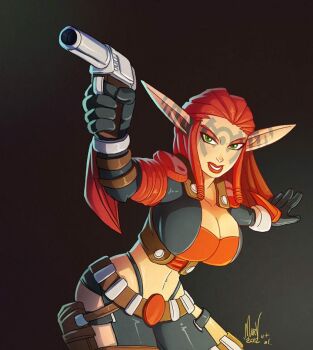 1girl artist_name ashelin_praxis breasts cleavage denim green_eyes gun jak_and_daxter jak_ii jeans large_breasts legs long_ears midriff navel pants pointy_ears red_hair signature smile tagme tattoo thighs thong weapon whale_tail_(clothing)