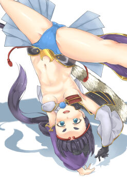 1girl armor armpits asymmetrical_sleeves black_gloves black_hair blue_eyes blue_panties breasts detached_sleeves eyebrows fate/grand_order fate_(series) female_focus gloves japanese_armor kusazuri long_hair looking_at_viewer mismatched_sleeves navel panties pinta_(ayashii_bochi) pom_pom_(clothes) ponytail revealing_clothes shadow shoulder_armor simple_background single_glove small_breasts sode solo spread_legs underboob underwear upside-down ushiwakamaru_(fate) ushiwakamaru_(second_ascension)_(fate) white_background
