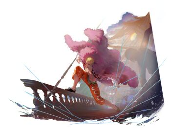 1boy absurdres blonde_hair capri_pants coat donquixote_doflamingo earrings highres jewelry male_focus muscular muscular_male one_piece open_clothes open_shirt orange_pants pants pink_coat red_shirt sajo_(sajo_flow) ship shirt short_hair sunglasses thread two-tone_shirt watercraft white_background white_shirt