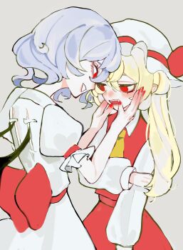 2girls ascot bat_wings blonde_hair blue_hair blush commentary dress fangs finger_in_another&#039;s_mouth flandre_scarlet grey_background hand_on_own_arm hat highres long_hair long_sleeves mashi_(pixiv_zcjd2538) medium_hair mob_cap multiple_girls nail_polish no_headwear open_mouth parted_lips red_nails red_skirt red_vest remilia_scarlet shirt short_sleeves siblings side_ponytail skirt smile teeth touhou vampire vest white_dress white_shirt wings yellow_ascot