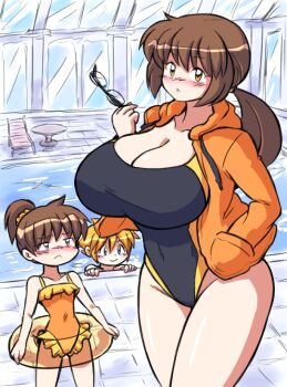 1boy 2girls age_difference blonde_hair blush breasts brown_hair cleavage collarbone competition_swimsuit cowboy_shot float glass glasses half-closed_eyes hand_in_pocket high_ponytail huge_breasts in_water jacket looking_at_another looking_at_viewer multiple_girls one-piece_swimsuit orange_jacket original paul_gq ponytail pool seat shiny_clothes shiny_skin short_hair siblings sisters size_difference skin_tight standing swimming swimsuit taut_clothes taut_swimsuit thick_thighs thighs water