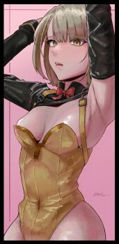 Rule 34 | 1girl, armpits, arms up, black shrug, blush, bow, breasts, breasts apart, commentary request, girls' frontline, girls' frontline 2: exilium, grey hair, highres, leotard, looking at viewer, official alternate costume, open mouth, pink background, red bow, short hair, shrug (clothing), simple background, solo, strapless, strapless leotard, teeth, umano sora, upper teeth only, vector (girls' frontline), vector (girls' frontline 2), vector (molotov bunny) (girls' frontline 2), yellow eyes, yellow leotard